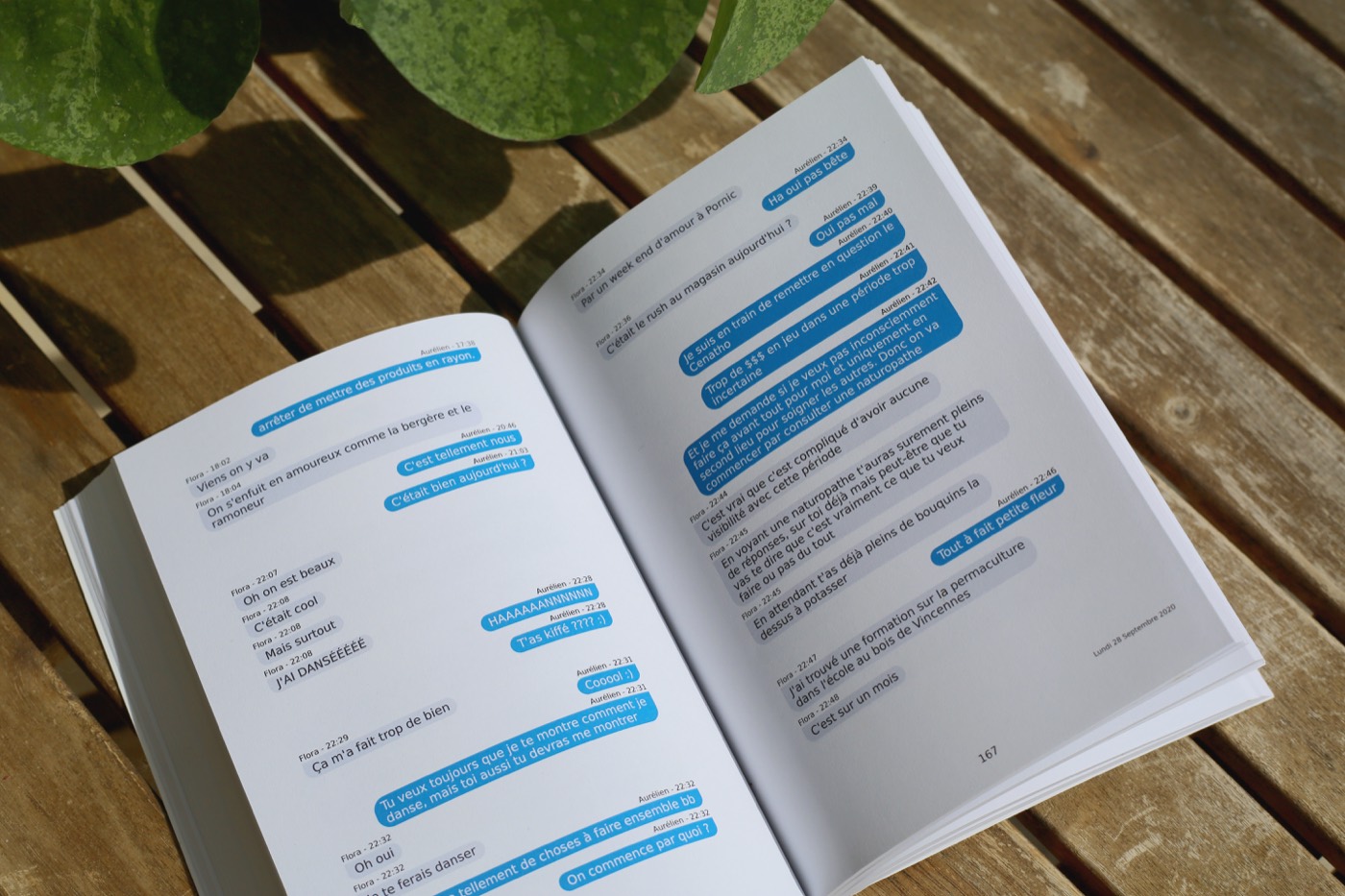 An open book filled with a long printed chat