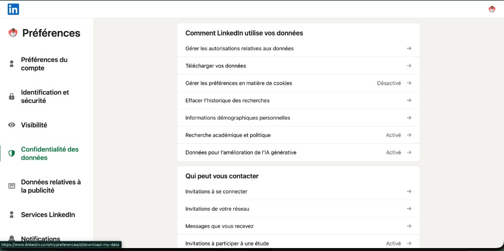 Privacidade dos dados LinkedIn